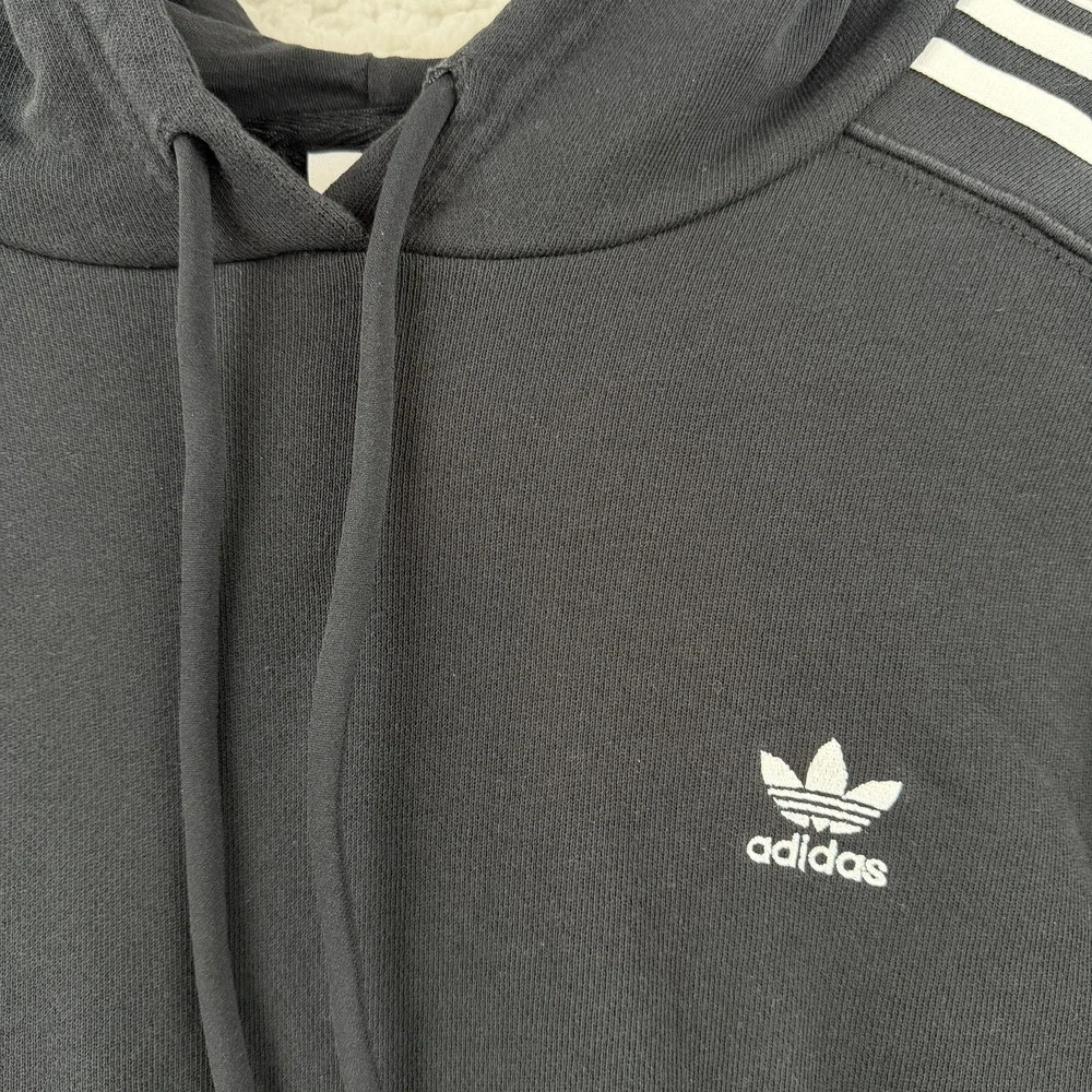 Adidas Originals Hoodie Womens Medium Black 3 Stripe Cropped Fleece Pullover‎